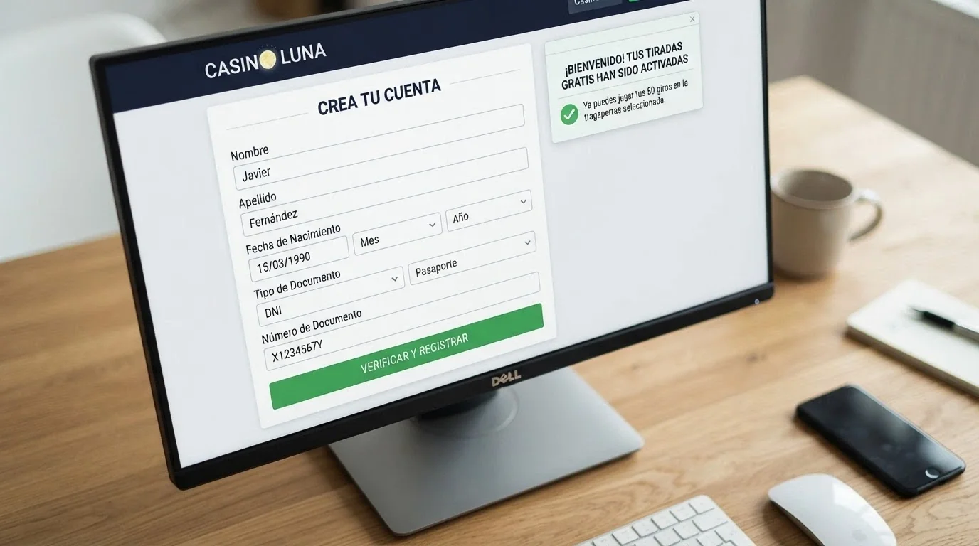 Pantalla de ordenador mostrando el formulario de registro de un casino online con el botón de verificación KYC y una notificación de giros gratis activados