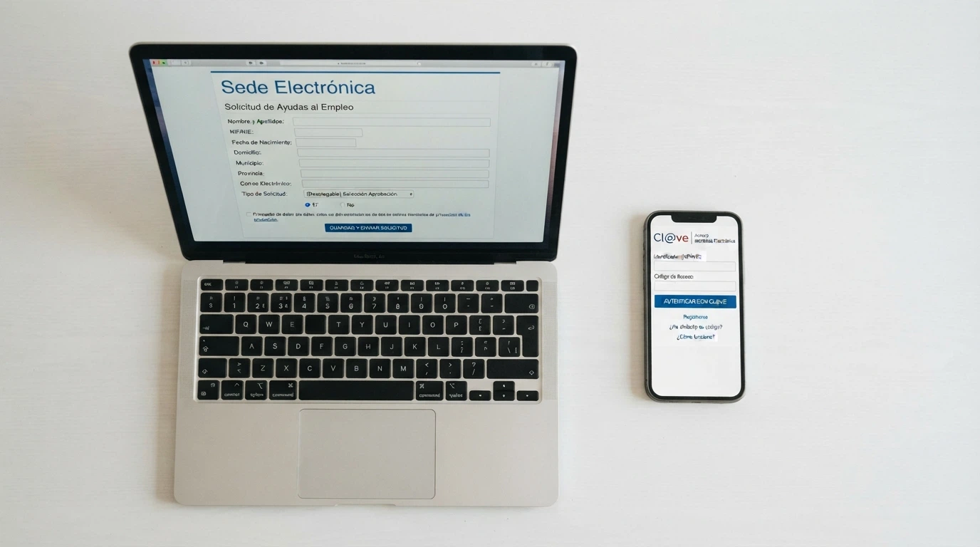 Formulario online de la Sede Electrónica de la DGOJ en una pantalla de ordenador junto a un teléfono móvil con la app Cl@ve abierta