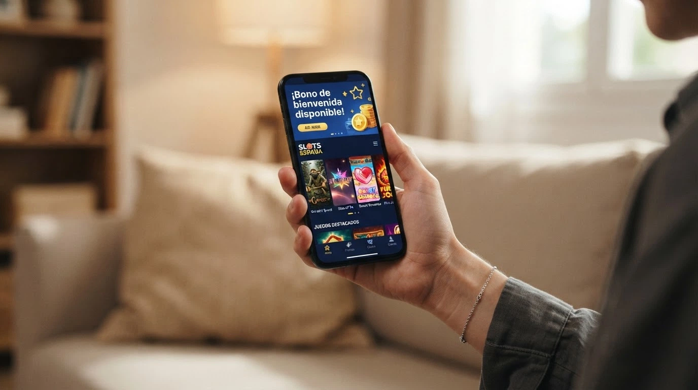 Teléfono móvil mostrando la pantalla de una app de casino con la oferta de bono de bienvenida