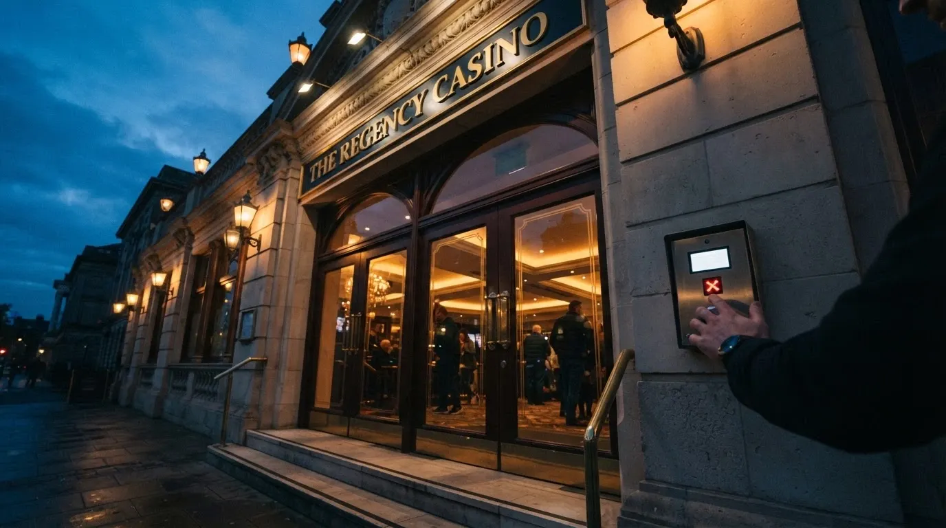 La entrada de un casino físico con un panel de control de acceso y un documento rechazado con una cruz roja