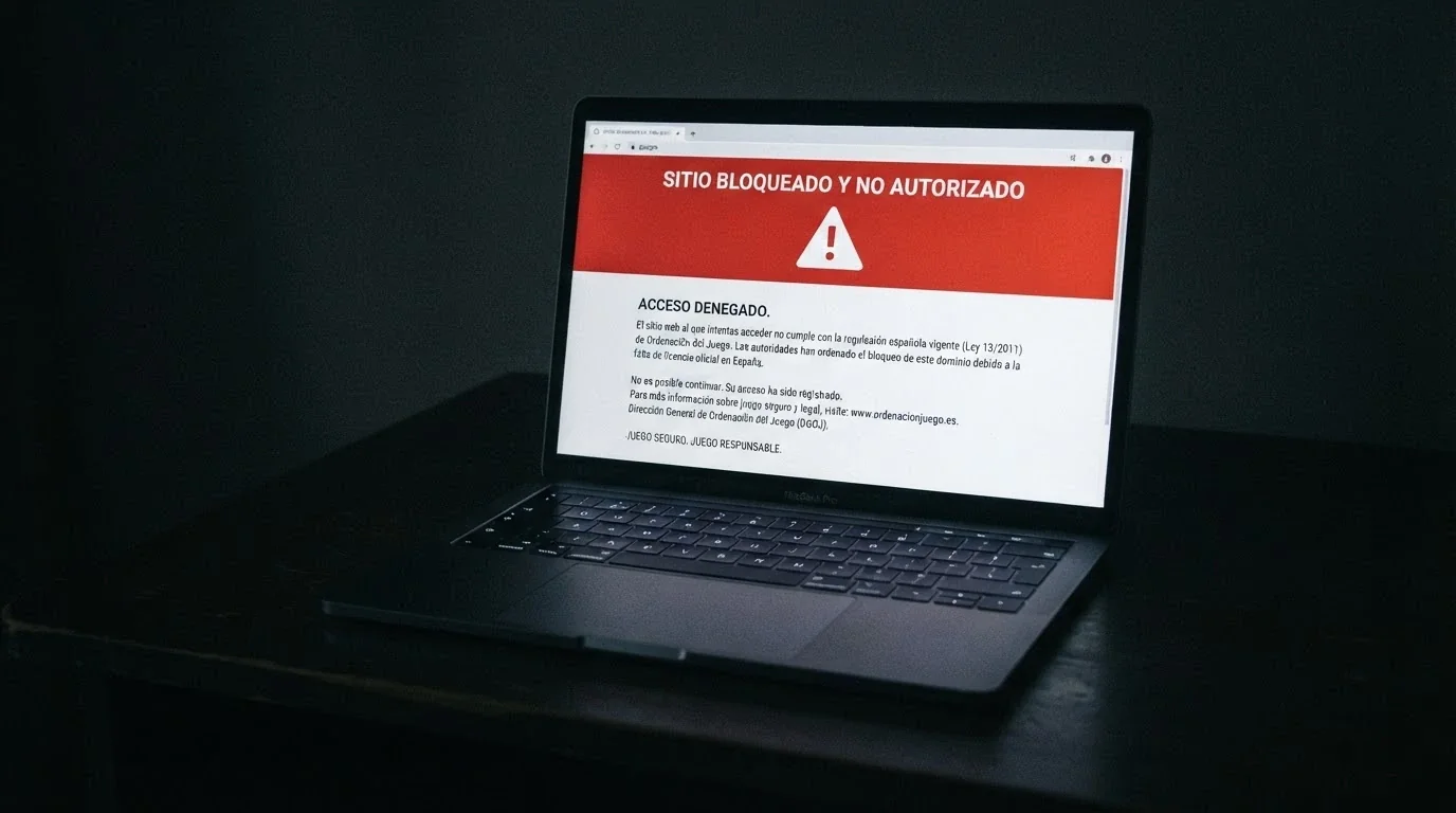 Pantalla de bloqueo con un mensaje de advertencia sobre un sitio de juego no autorizado en España.