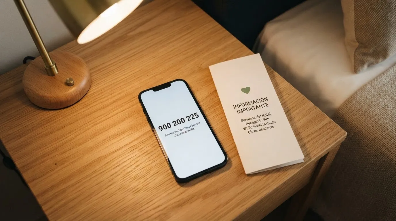Un teléfono móvil mostrando el número 900 200 225 en pantalla junto al logotipo de FEJAR y un folleto de recursos de ayuda