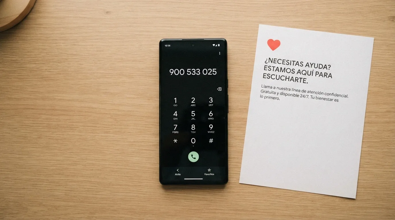 Un teléfono móvil con el número 900 533 025 en la pantalla de marcación, colocado sobre un escritorio ordenado junto a un folleto informativo con el logotipo de FEJAR