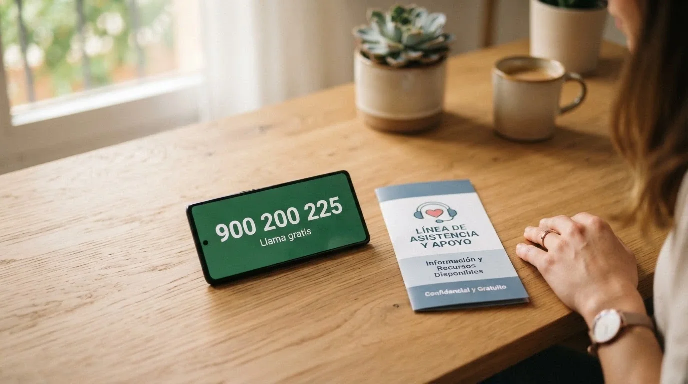 Teléfono con el número 900 200 225 en pantalla junto a un folleto de juego responsable