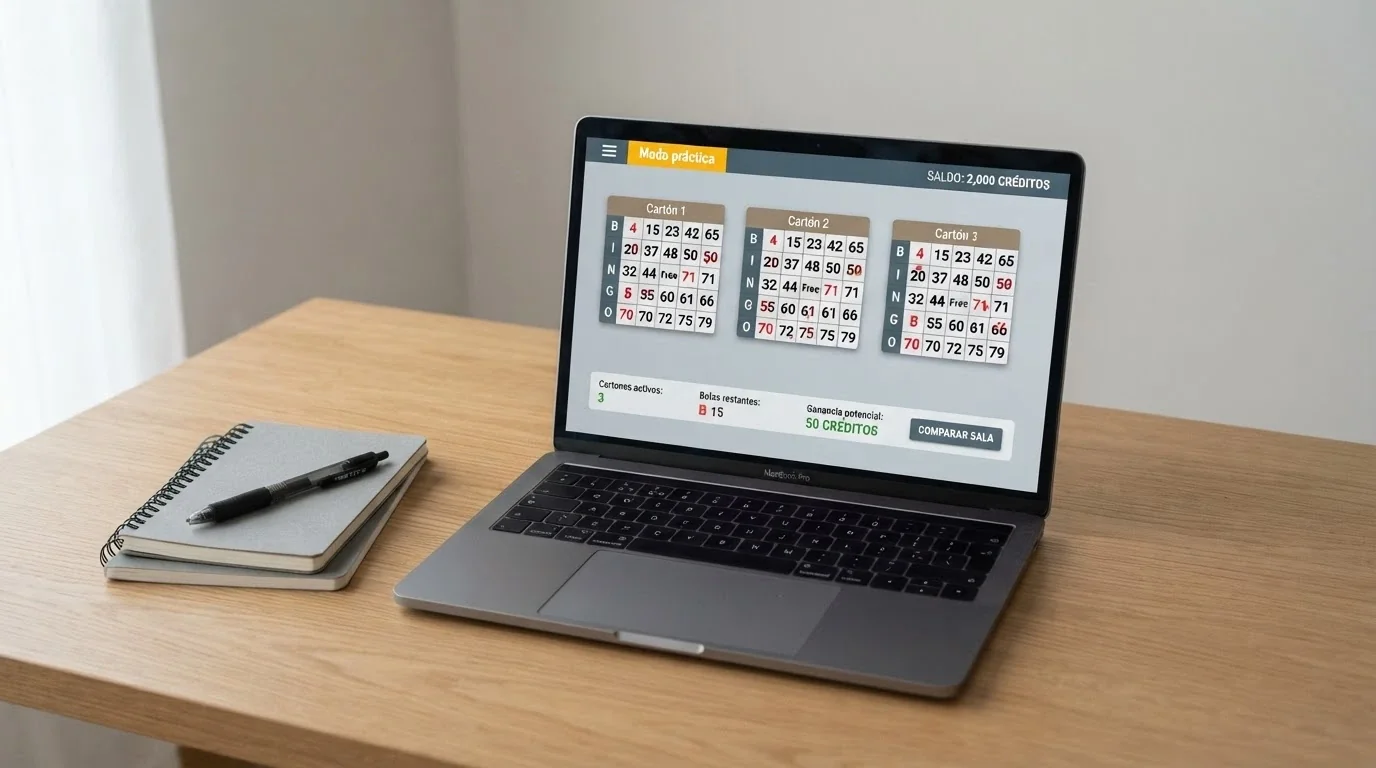 Una sala de bingo online en modo demo: los cartones muestran una partida en curso con saldo ficticio y un distintivo «Modo práctica» visible en la barra superior