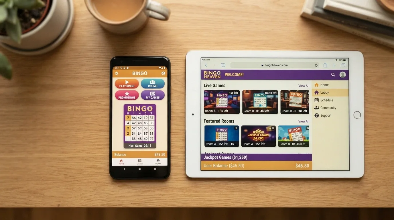 Un teléfono y una tableta colocados uno al lado del otro; el teléfono muestra una app nativa de bingo con interfaz adaptada, la tableta muestra la misma sala en el navegador móvil