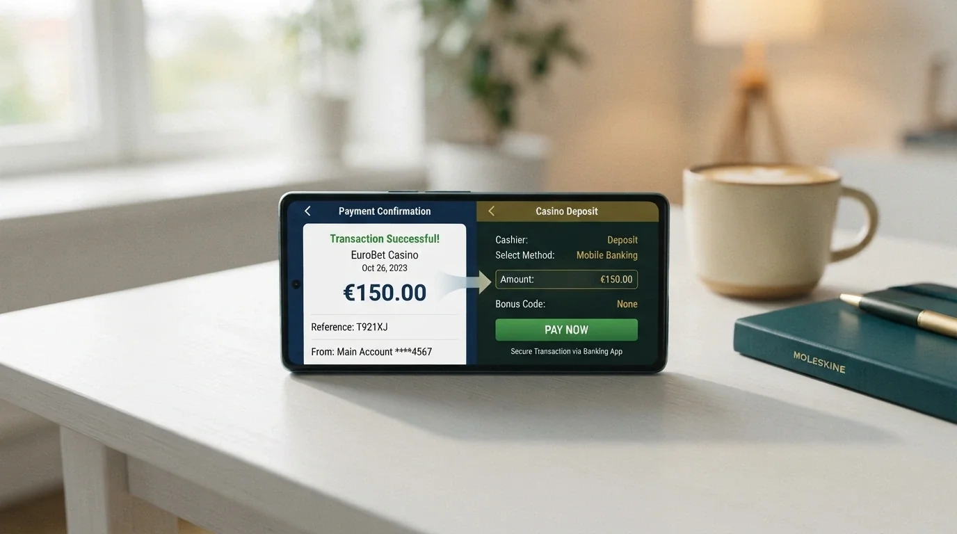 Un móvil partido en dos mitades: a la izquierda la app bancaria con la pantalla de Bizum y a la derecha la pantalla de depósito del casino con el importe introducido