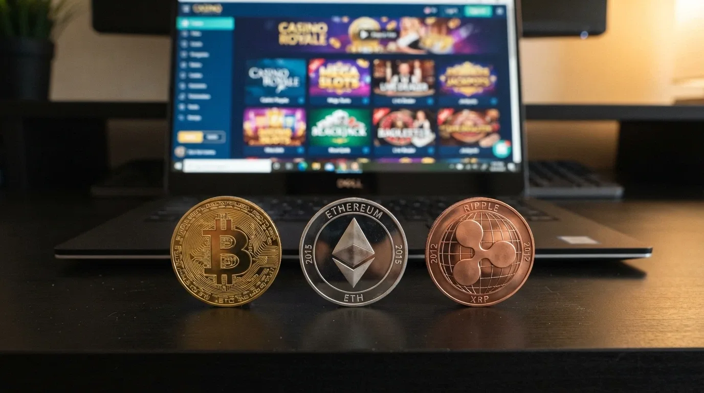 Tres monedas físicas simbólicas de BNB, Bitcoin y Ethereum alineadas sobre el fondo de una pantalla de casino online, con sus cotizaciones en tiempo real junto a cada una