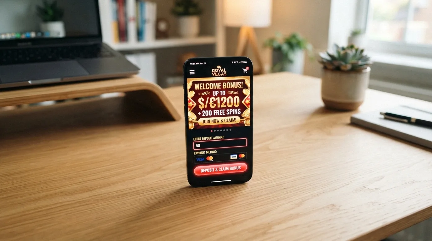 Pantalla de móvil mostrando la sección de promociones de una app de casino con un banner de bono de bienvenida destacado y las casillas de depósito visibles