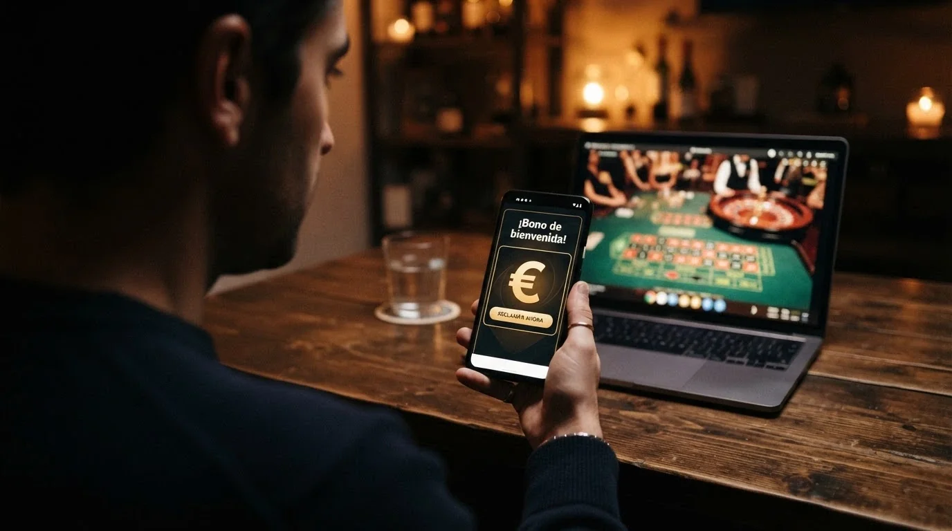 Un teléfono móvil mostrando la pantalla de activación de un bono de bienvenida junto a una mesa de ruleta en vivo al fondo