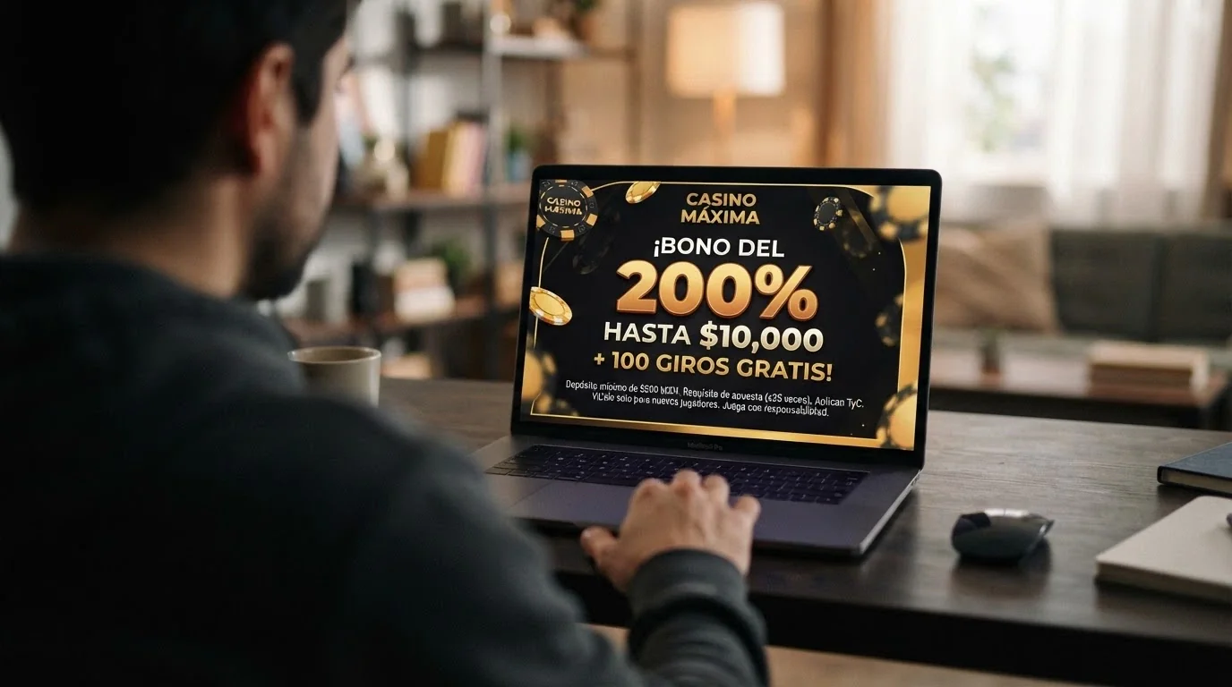 Ventana promocional de un bono de bienvenida con el porcentaje de bonificación en grande y la letra pequeña con el requisito de apuesta debajo