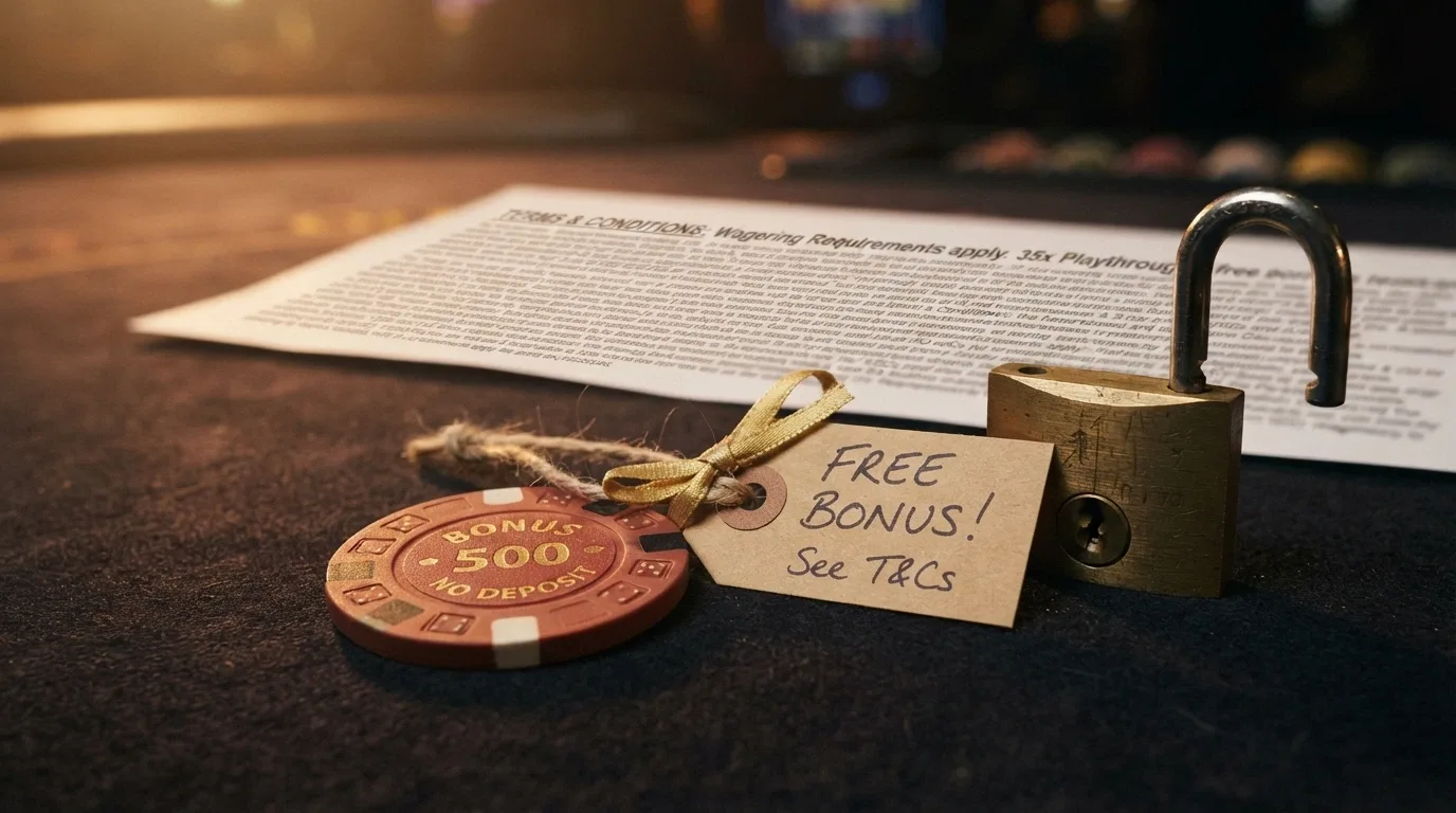 Un billete de 50 € con una etiqueta de regalo y un candado abierto al lado, sobre un fondo de condiciones en letra pequeña