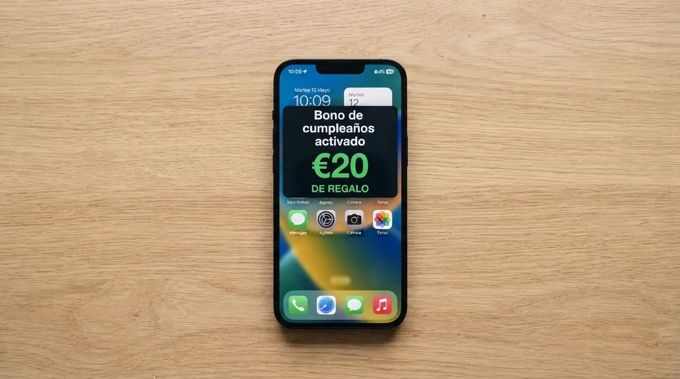 Un móvil mostrando una notificación de «bono de cumpleaños activado» con un saldo de 20 € en pantalla