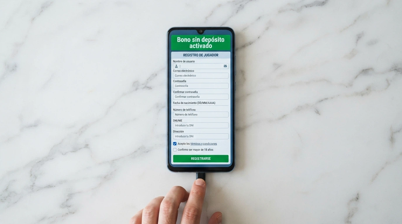 Pantalla de registro en un casino online español con el mensaje de bono sin depósito activado