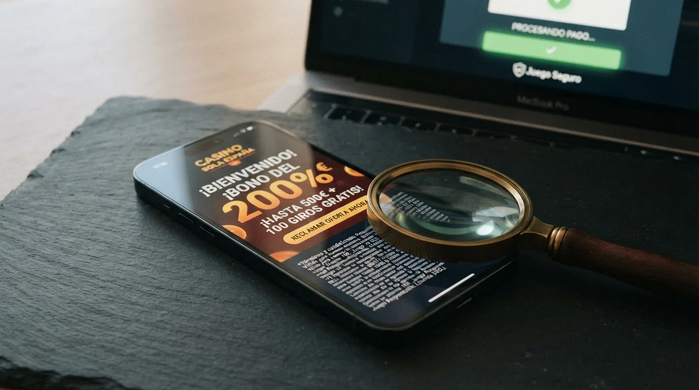 Una pantalla de casino con el banner de bono de bienvenida y un iPhone mostrando la confirmación de depósito con Apple Pay, con una lupa sobre la letra pequeña del requisito de apuesta.