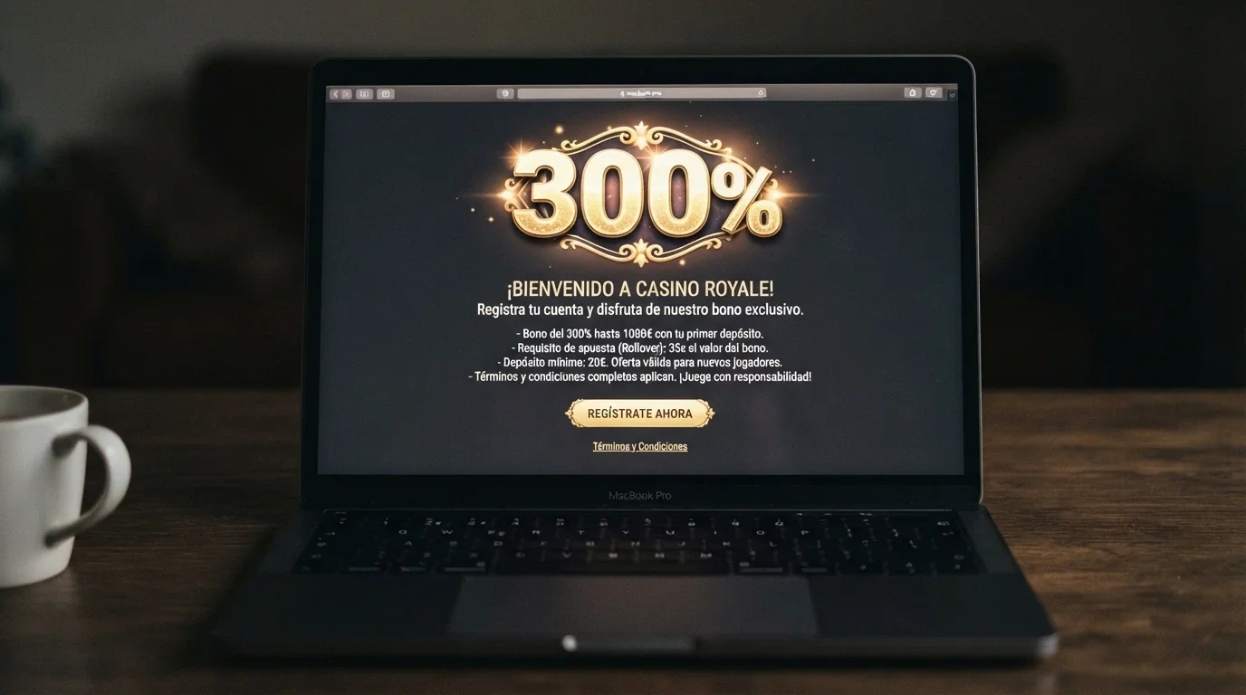 Un primer plano de una pantalla con la oferta de bono de bienvenida de un casino cripto — el porcentaje brilla en grande y la letra pequeña del rollover apenas se lee