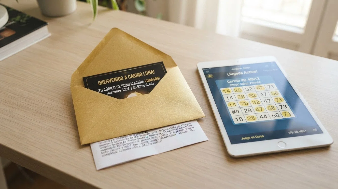 Un sobre dorado con el texto «Bono de bienvenida» abierto sobre una mesa junto a un cartón de bingo digital; del sobre asoman condiciones en letra pequeña