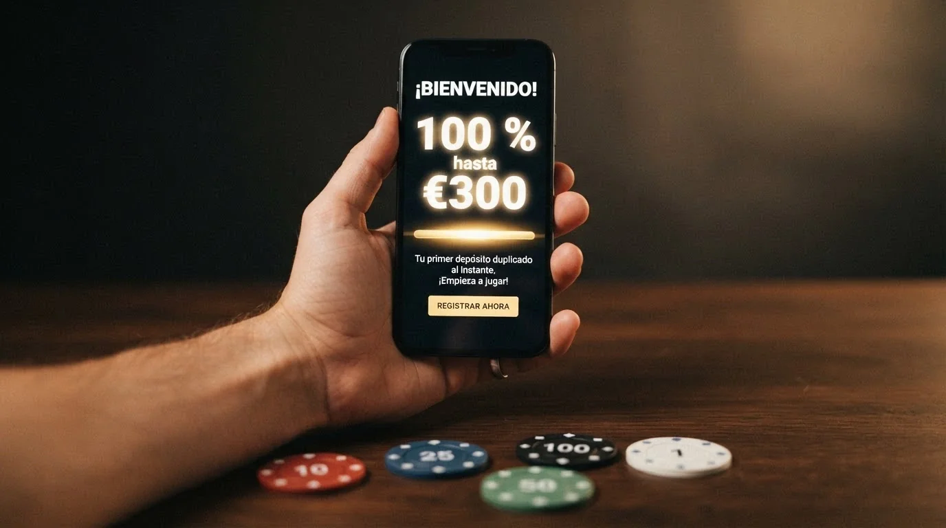 Mano sosteniendo un teléfono con una pantalla de bienvenida de casino y fichas de póker alrededor