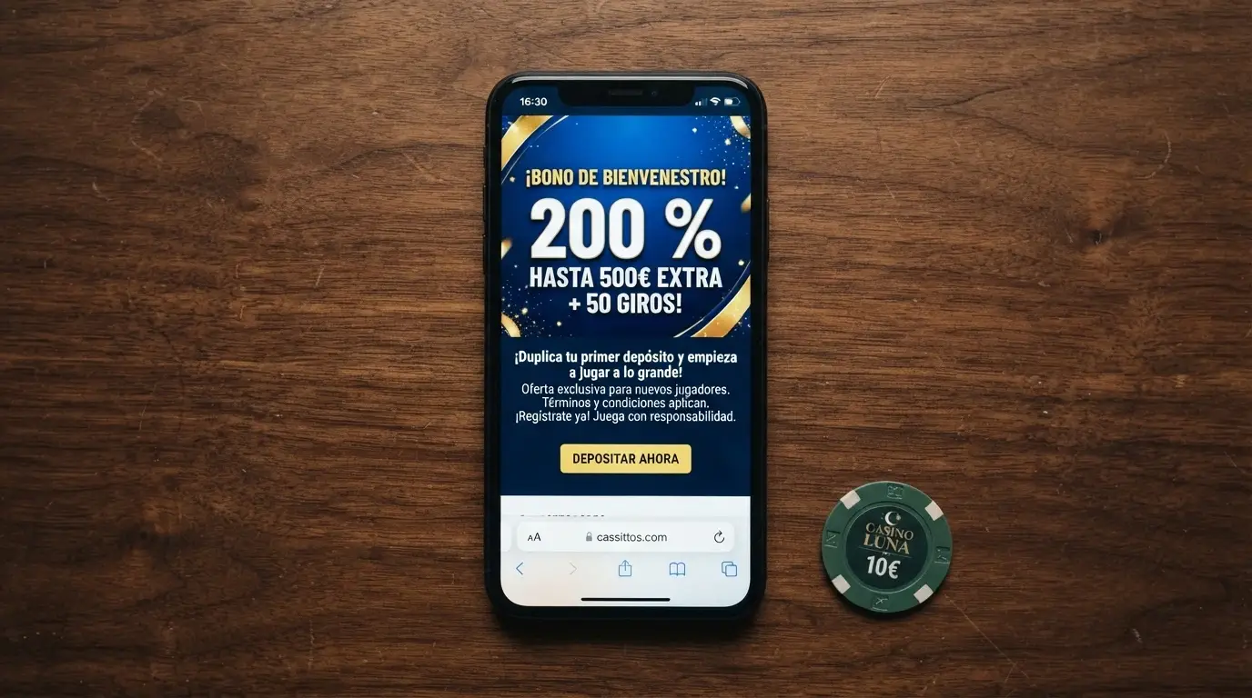 Pantalla de la sección de promociones de un criptocasino con un banner de bono de bienvenida del 200 % y, en letra más pequeña debajo, los términos del requisito de apuesta