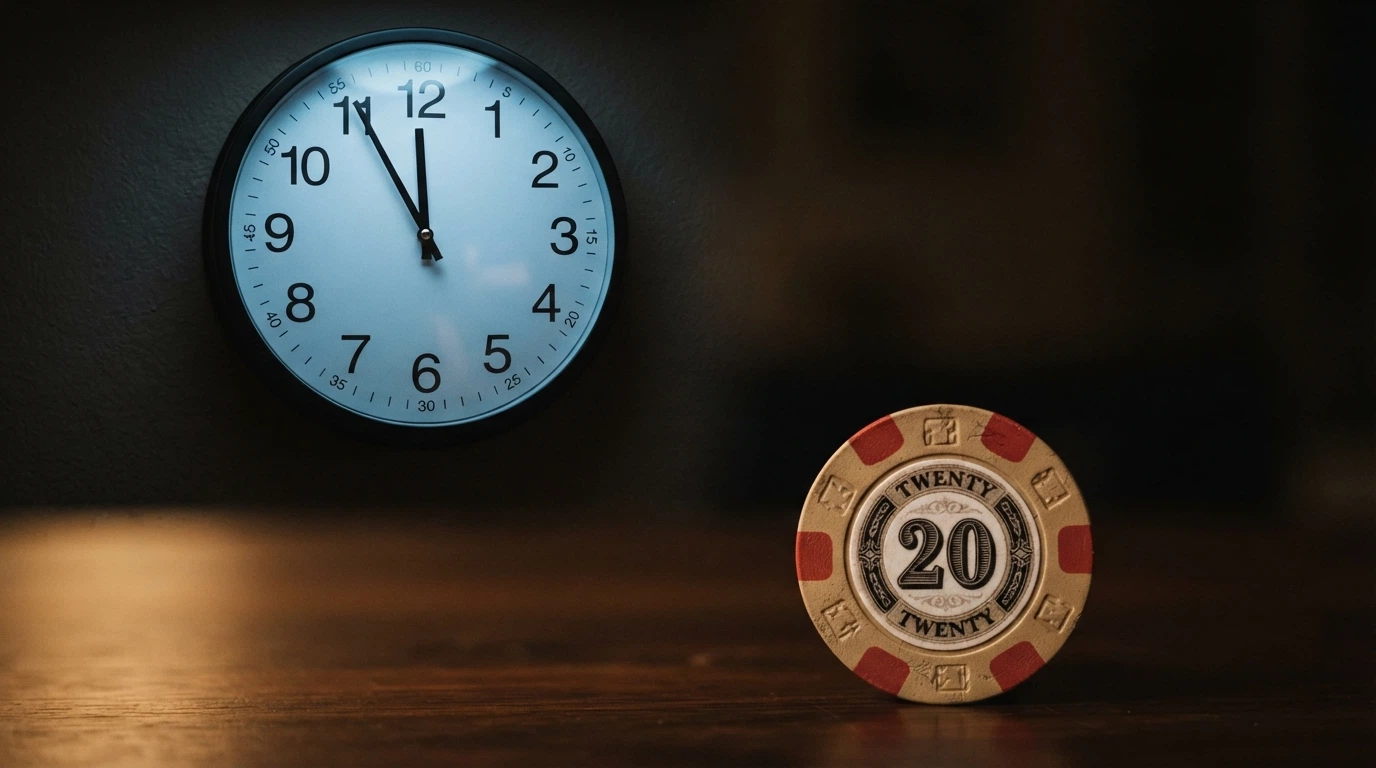 Reloj analógico marcando las 23:55 junto a una ficha de casino con el número 20