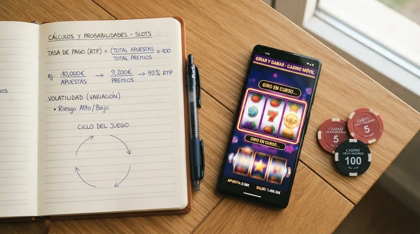 Representación visual de una fórmula sencilla sobre una libreta junto a unas fichas de póker y un móvil con la pantalla de un juego de slots