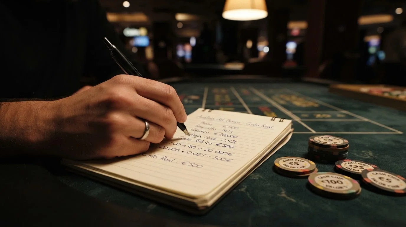 Una calculadora sobre una mesa de juego con una pantalla que muestra la cifra de 8.000€ en apuestas necesarias para liberar un bono