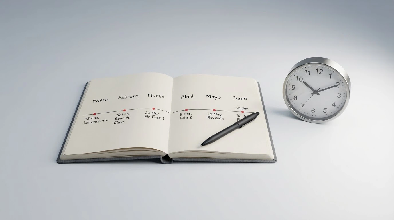 Un calendario con seis meses marcados en rojo y un formulario de solicitud de baja junto a un reloj