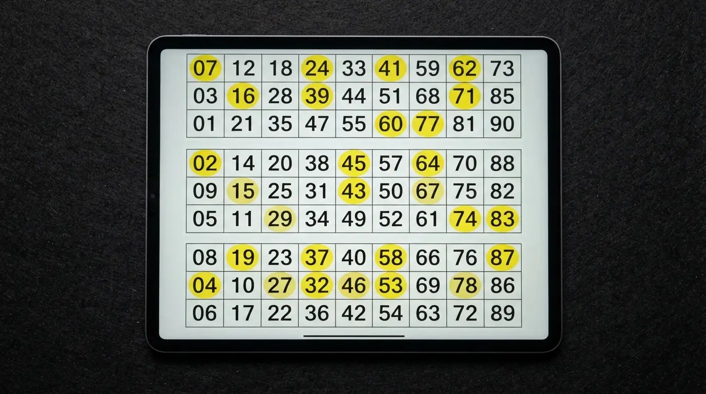 Tres cartones de bingo de 90 bolas alineados en pantalla, cada uno con 15 números distribuidos en tres filas horizontales; algunos números aparecen ya tachados en amarillo