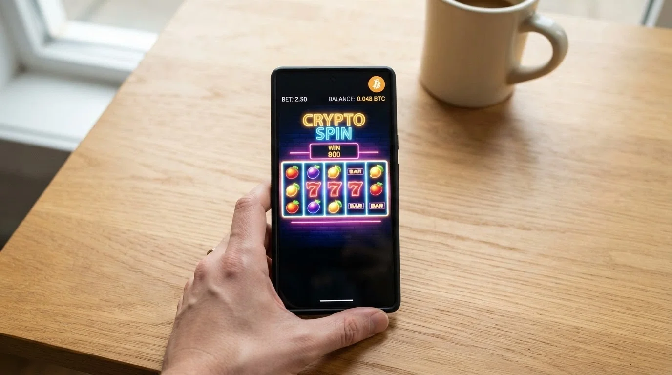 Mano sosteniendo un teléfono móvil con la interfaz de un casino online abierta en el navegador, mostrando una tragaperras en pantalla completa y el icono de BNB en la esquina superior