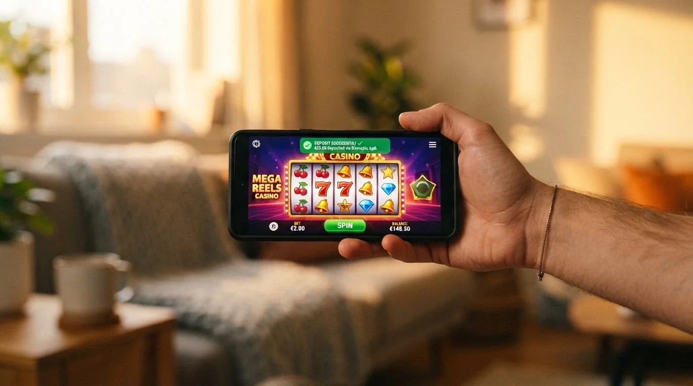 Una mano sosteniendo un iPhone en horizontal con un juego de casino abierto y la notificación de pago completado con Apple Pay sobreimpresa en la pantalla.