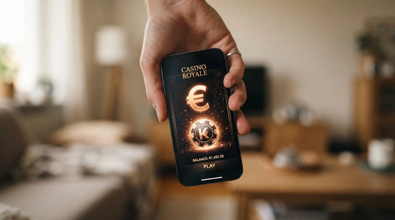 Mano sosteniendo un teléfono móvil con un casino online abierto en el navegador y el logo de Bitcoin Cash visible