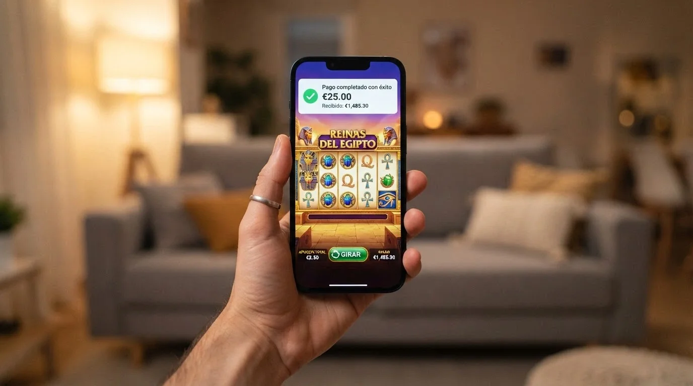 Mano sosteniendo un teléfono en vertical con un juego de casino abierto, la interfaz de CaixaBank Pay superpuesta como notificación de pago completado