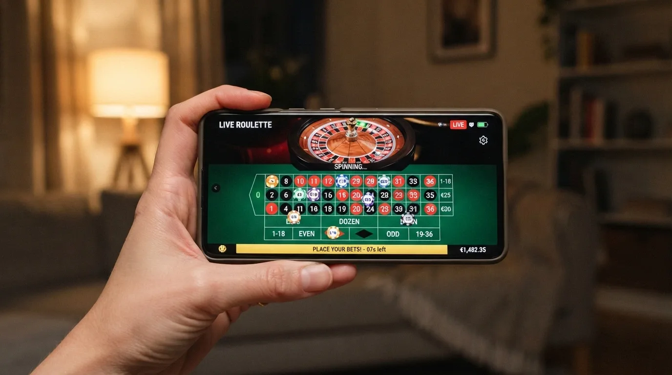 Mano sujetando un smartphone en horizontal con una mesa de ruleta en vivo de Evolution en pantalla y fichas de apuesta visibles