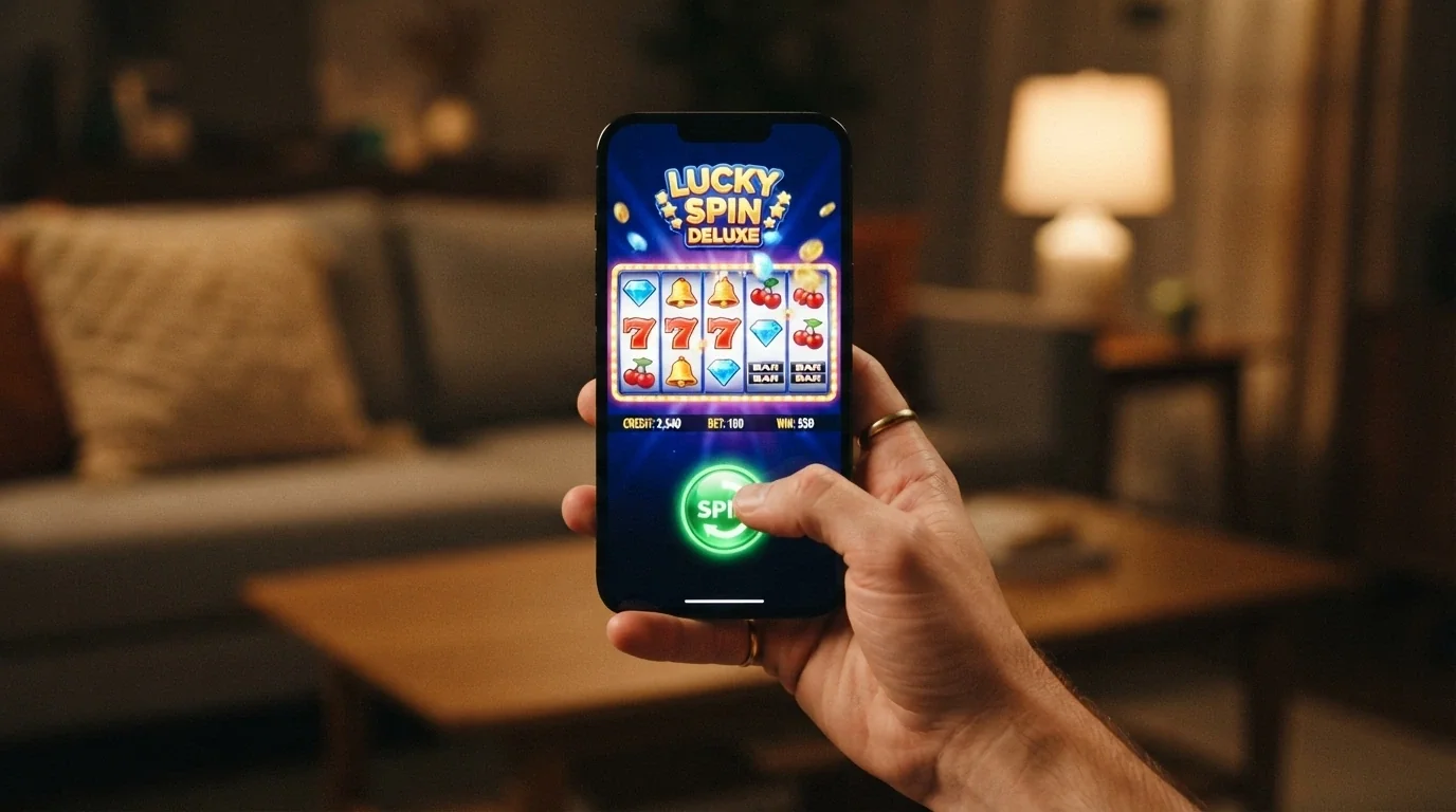 Una mano sosteniendo un teléfono móvil en vertical con una slot online cargada y el botón de «Girar» destacado en la interfaz táctil