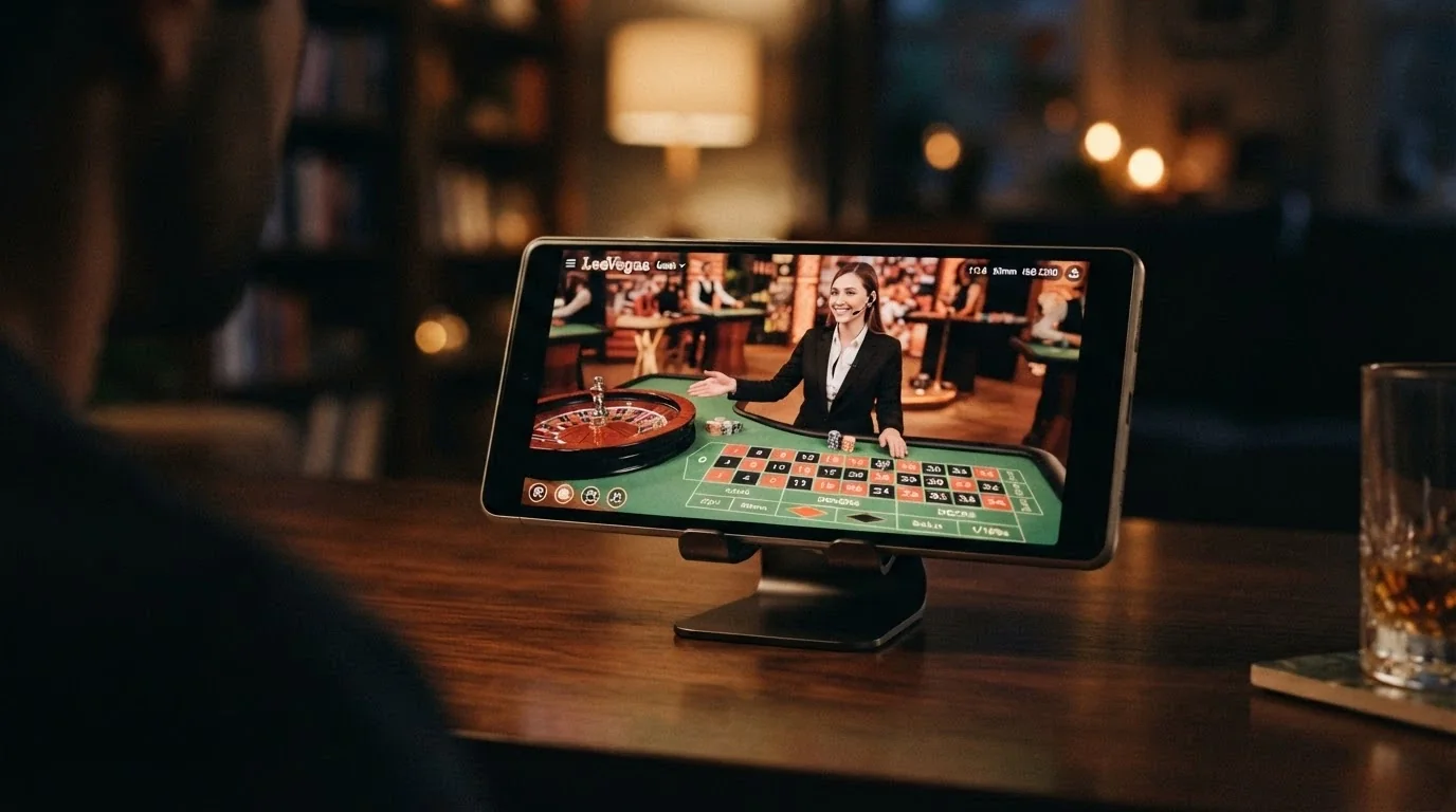 Móvil en horizontal mostrando una mesa de ruleta en vivo con un crupier real tras ella, el tapete verde y los números visibles en la pantalla