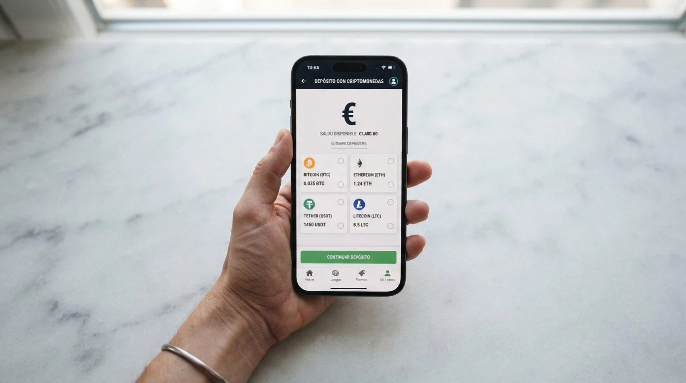 Mano sosteniendo un teléfono con la interfaz móvil de un casino con XRP abierta en el navegador, mostrando el menú de depósito en criptomonedas
