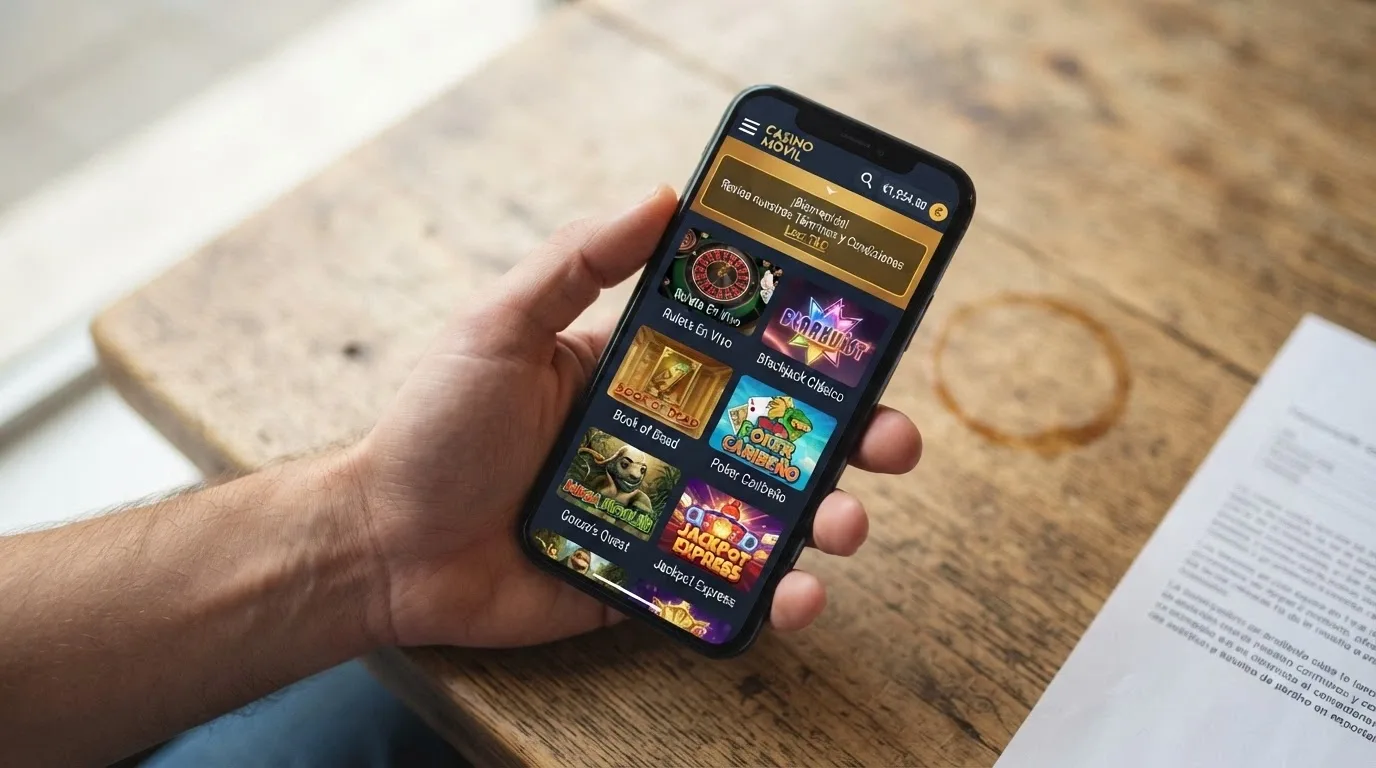 Jugador consultando un casino online desde el móvil con la página de términos y condiciones visible