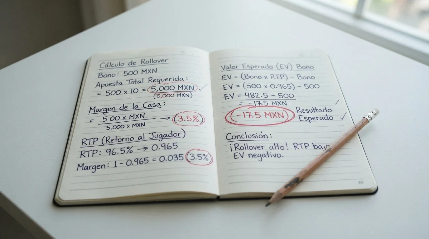 Calculadora junto a un bloc con anotaciones de cifras: rollover, RTP, ganancia máxima, con un círculo alrededor del resultado final