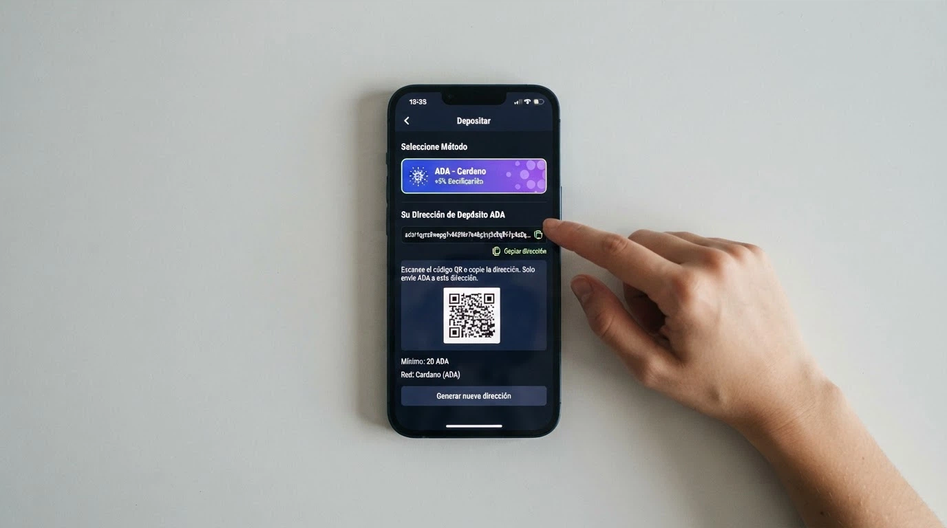 Interfaz de un casino online mostrando la sección de cajero con Cardano (ADA) como opción de depósito seleccionada y una dirección de monedero en pantalla