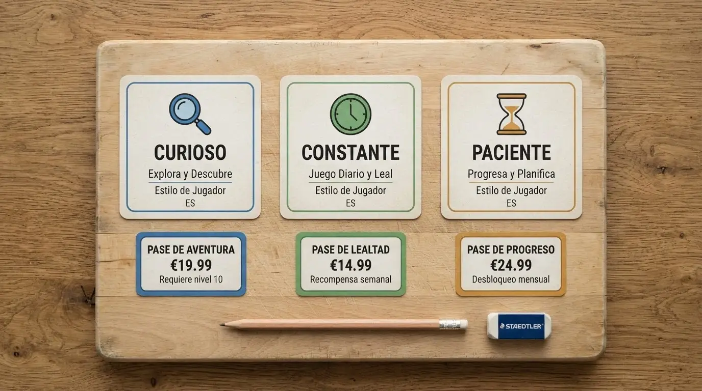 Tres perfiles de jugador representados con iconos —el curioso, el constante, el paciente— cada uno señalando una tarjeta de oferta distinta sobre un tablero