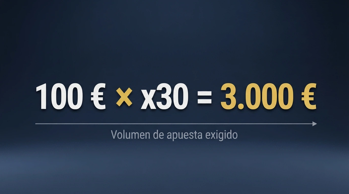 Representación visual de la fórmula del rollover: importe del bono multiplicado por el requisito de apuesta igual al volumen total que hay que jugar