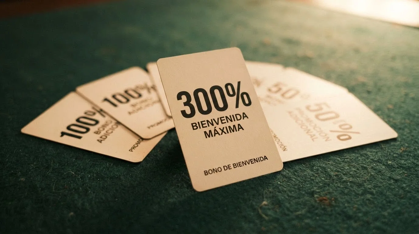 Diez tarjetas de casino dispuestas en abanico sobre una mesa, una de ellas destacada en primer plano con el texto «300%», las demás con porcentajes del 100% visibles pero en segundo plano