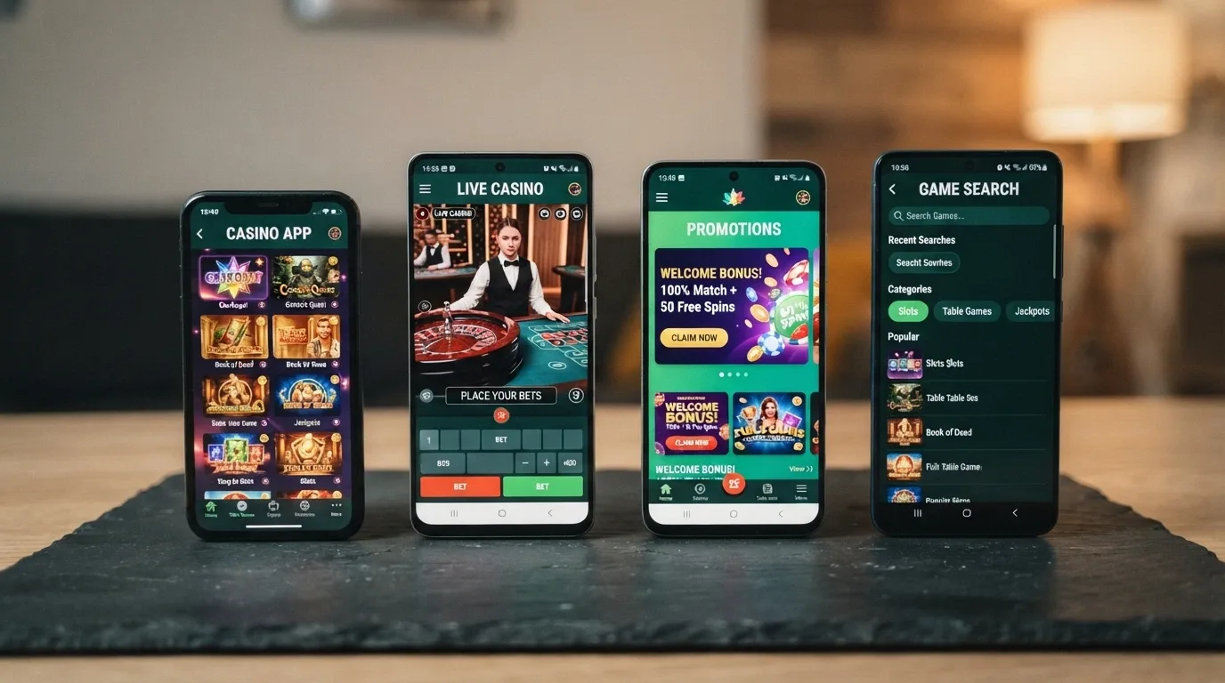 Varias pantallas de móvil alineadas verticalmente mostrando distintas interfaces de apps de casino, cada una con un diseño y una organización de menú diferentes
