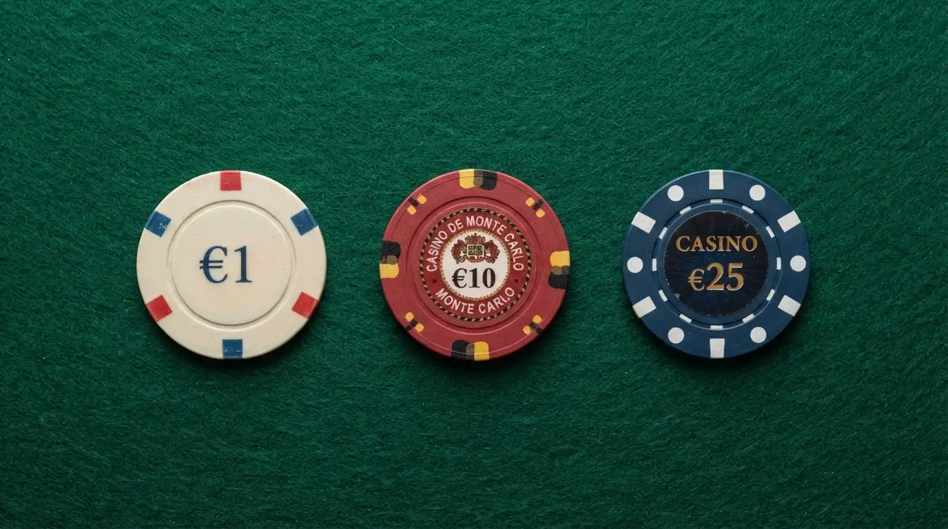 Varias fichas de casino en fila con valores de 1 €, 5 € y 10 € sobre un tapete, vistas desde arriba
