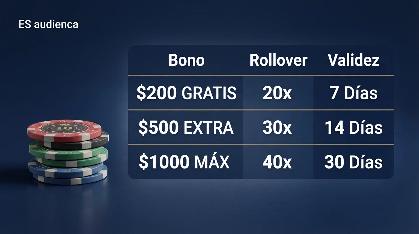 Representación gráfica de una tabla comparativa con fichas de casino y columnas de bono, rollover y validez, sobre un fondo azul oscuro