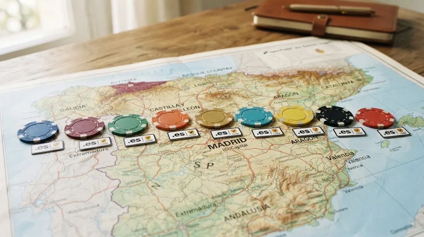 Diez fichas de casino alineadas sobre un mapa de España, cada una con el dominio .es visible y un distintivo DGOJ