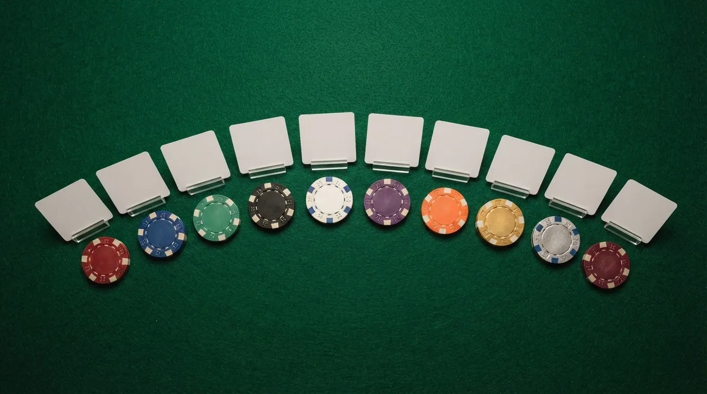 Diez logotipos de casinos internacionales alineados sobre el tapete verde de una mesa de juego