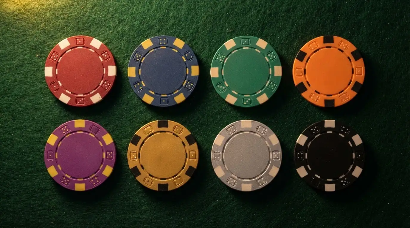 Vista cenital de una mesa con varias fichas de casino de distintos colores alineadas, cada una representando un operador diferente