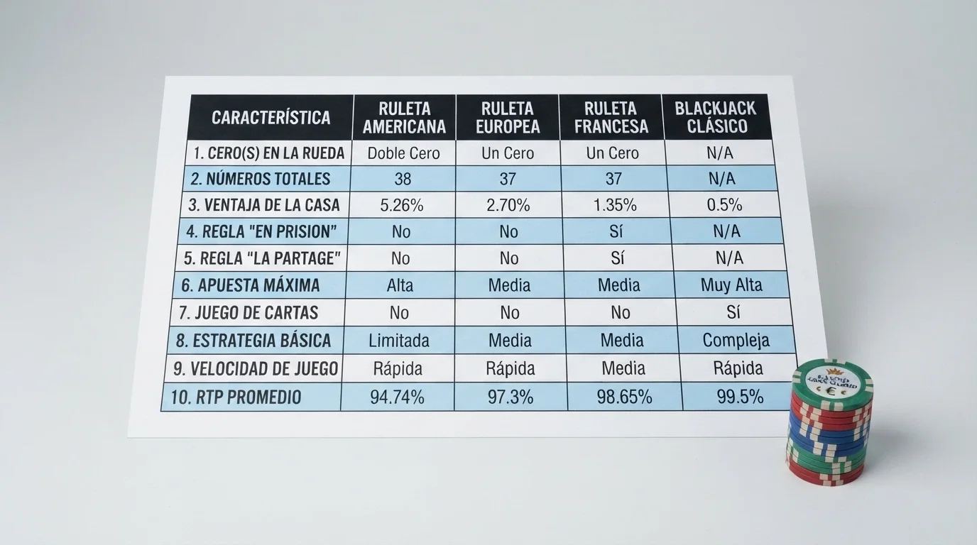 Tabla comparativa con cinco columnas que muestran casino, licencia, bono de bienvenida, depósito mínimo y velocidad de retiro para diez operadores