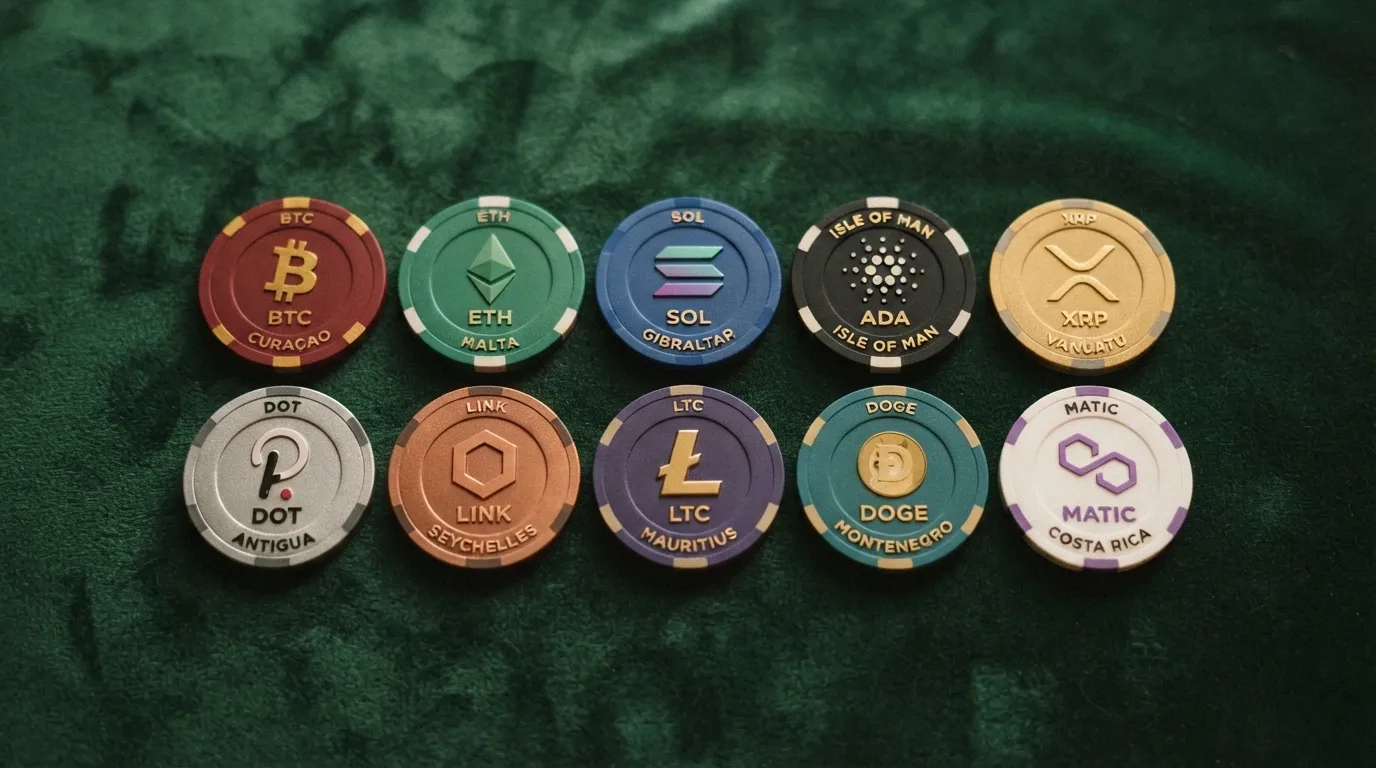 Diez fichas de casino dispuestas en una cuadrícula, cada una con el nombre del operador, un símbolo de criptomoneda distinto y una abreviatura de su jurisdicción de licencia